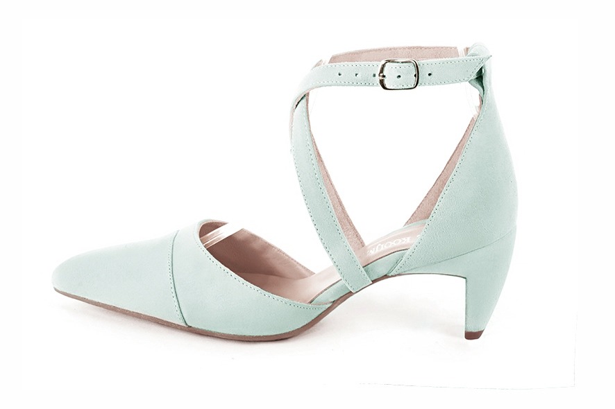 Aquamarine blue women's open side shoes, with crossed straps. Tapered toe. Medium comma heels. Profile view - Florence KOOIJMAN